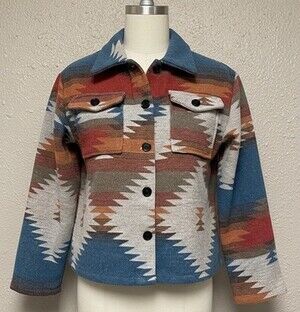 VTG Aztec Southwestern Shacket Tribal Boho Western Wool Blend Oversized Coat S